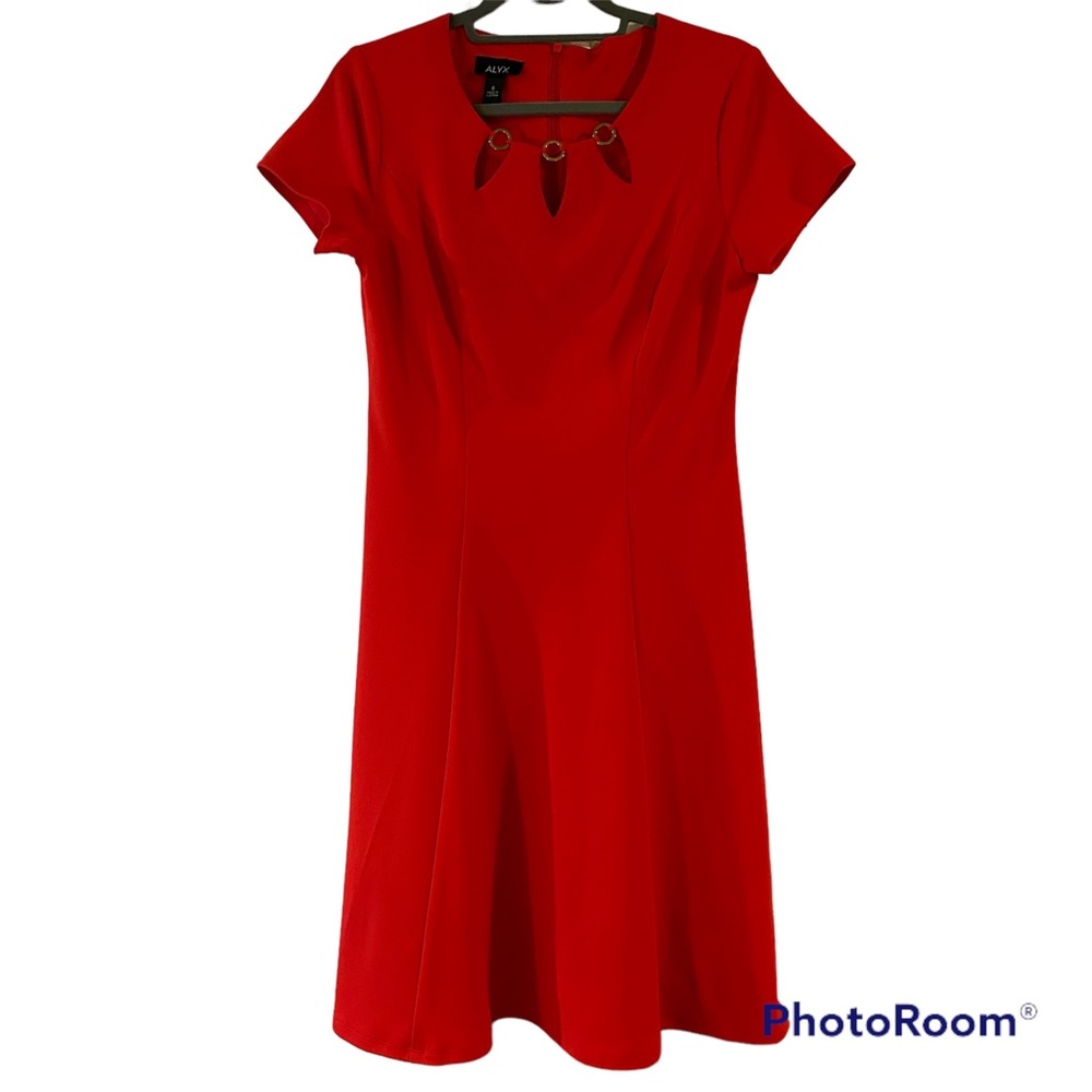 Alyx Tomato Red Career Spcl Occasion Dress with Gold Ring and Cutout Scoop Neck